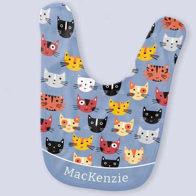 Cute Cat Pattern Personalized Baby Bib (Fun personalized kitty cat custom name baby bib)