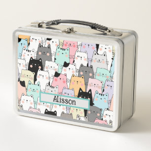 Cute Cat Pattern Personalized Name Metal Lunch Box