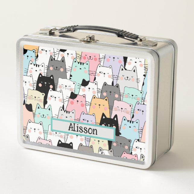Cute Cat Pattern Personalized Name Metal Lunch Box (Front)