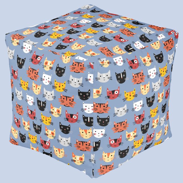 Cute Cat Pattern Pouf (Fun kitty cat pattern blue pouffe)