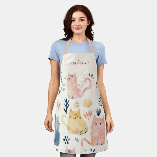 Cute cat pattern script name apron (Worn)