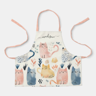 Cute cat pattern script name apron