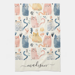 Cute cat pattern script name kitchen towel