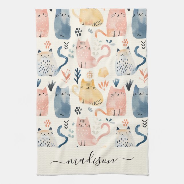 Cute cat pattern script name  kitchen towel (Vertical)