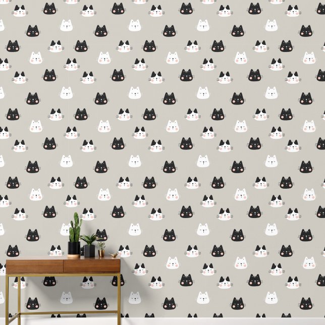 Cute Cat Pattern Wallpaper – Black & White (Hallway)