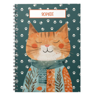 Cute Cat Paw Pattern on Emerald Green Custom Name Notebook