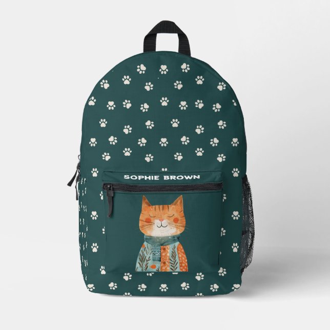 Cute Cat Paw Pattern on Emerald Green Custom Name Printed Backpack (Front)