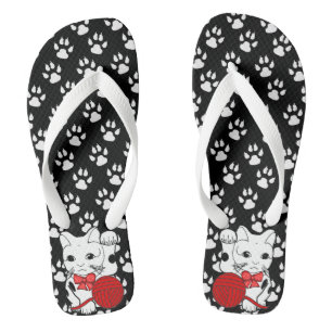 Cute cat paw print with playing kitten flip flops