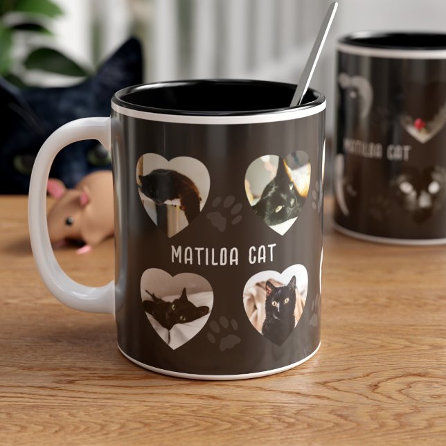 Cute Cat Paw Prints Pet 10 Heart Photo Frames Two-Tone Coffee Mug (You can upload 10 photos of your black cat to this coffee mug and add your name too. )