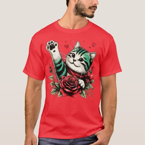 Cute Cat Paw Red Roses T_Shirt