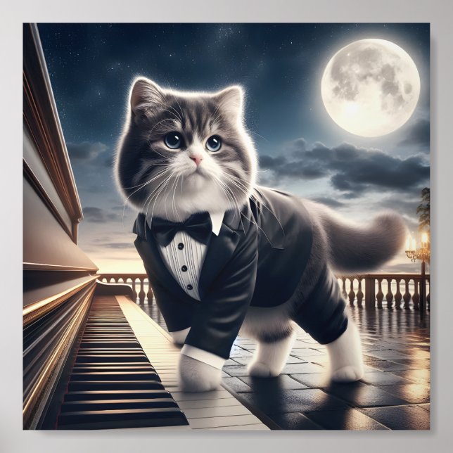 Cute Cat Pawdigy Plays a Moonlight Sonata Acrylic Photo Tile (Front Set)