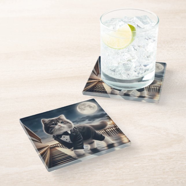 Cute Cat Pawdigy Plays a Moonlight Sonata Glass Coaster (Angled)