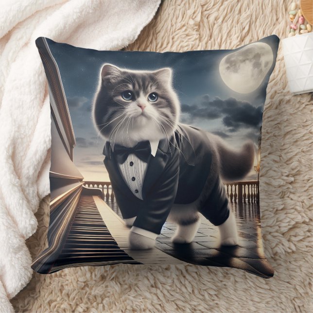 Cute Cat Pawdigy Plays a Moonlight Sonata Throw Pillow (Blanket)