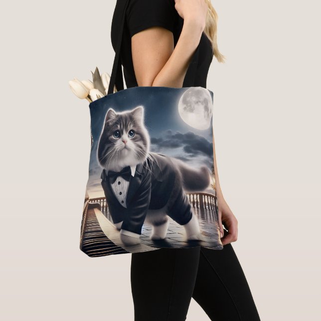 Cute Cat Pawdigy Plays a Moonlight Sonata Tote Bag (Close Up)