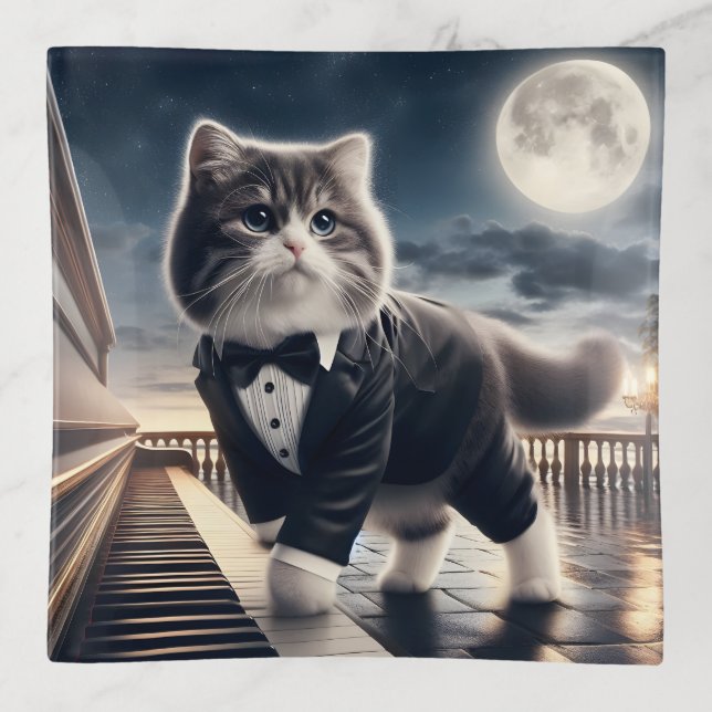 Cute Cat Pawdigy Plays a Moonlight Sonata Trinket Tray (Front)