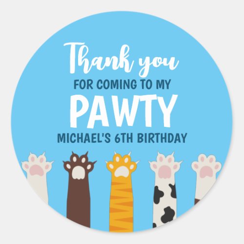 Cute Cat Paws Pawty Animals Kids Birthday Party Classic Round Sticker