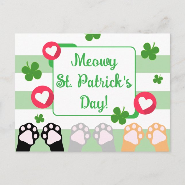 Cute Cat Paws Up Happy St Patricks Day Holiday Postcard (Front)