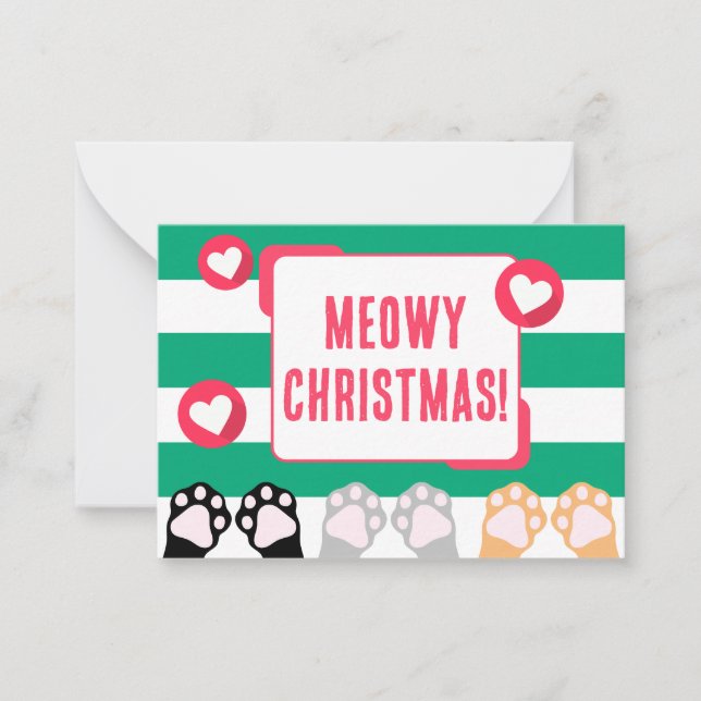 Cute Cat Paws Up Meowy Christmas Mini Note Card (Front)
