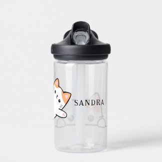 Cute Cat Peaking Custom Name Water Bottle