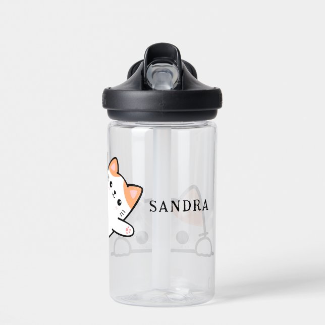 Cute Cat Peaking Custom Name Water Bottle (Front)