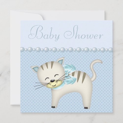Cute Cat Pearls  Hearts Blue Baby Boy Shower Invitation