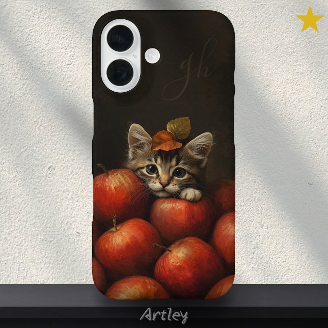 Cute Cat Peeking Apples Painting Custom Initials Case-Mate iPhone Case (Creator Uploaded)