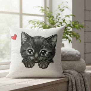Cute Cat Peeking Black Kitten Heart Throw Pillow