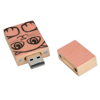 Cute Cat Peeking Pink Wood Flash Drive