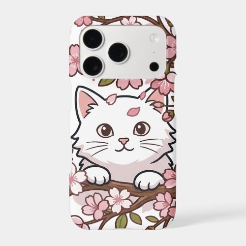Cute Cat Peeking Through Cherry Blossom Branches iPhone 17 Pro Case
