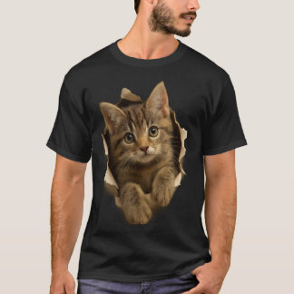 Cute Cat Peeking Through Paper Design T-Shirt