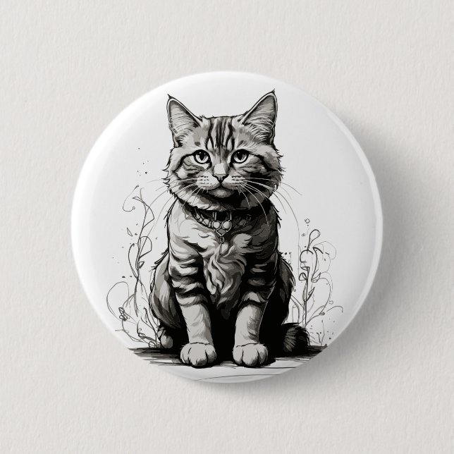 Cute Cat Pencil Sketch Button (Front)