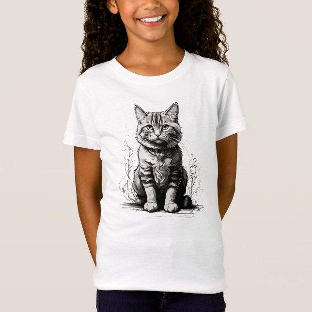 Cute Cat Pencil Sketch T-Shirt (Front)
