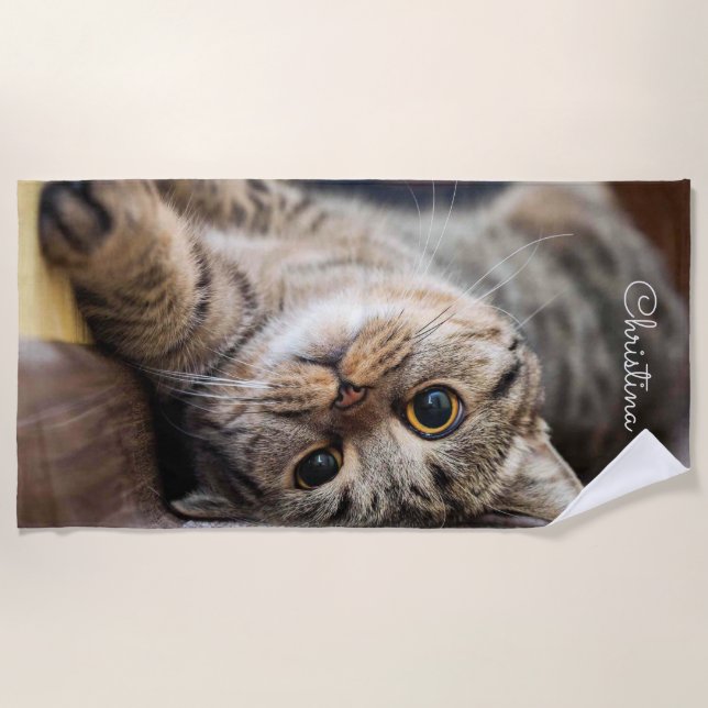 Cute Cat Personalized Beach Towel (Front)