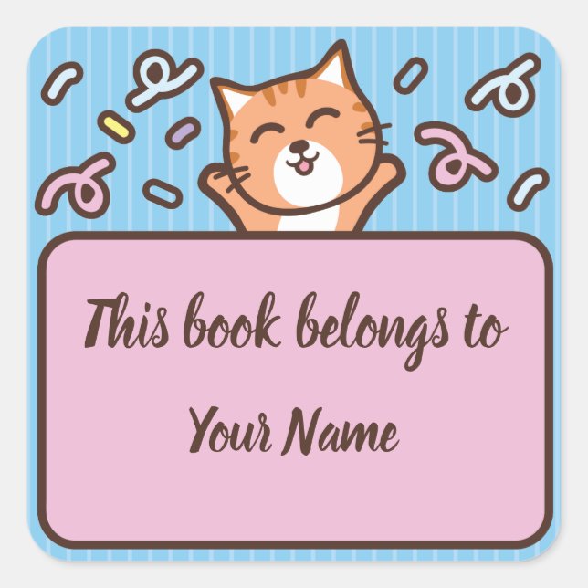 Cute Cat Personalized Bookplate Sticker (Front)