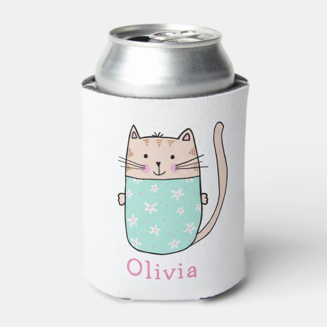 Cute Cat Personalized Custom Name Can Cooler (Can Front)