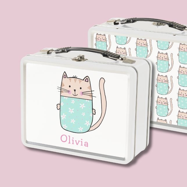 Cute Cat Personalized Custom Name Metal Lunch Box (Kitty Cat kids lunchbox - personalize to the front)