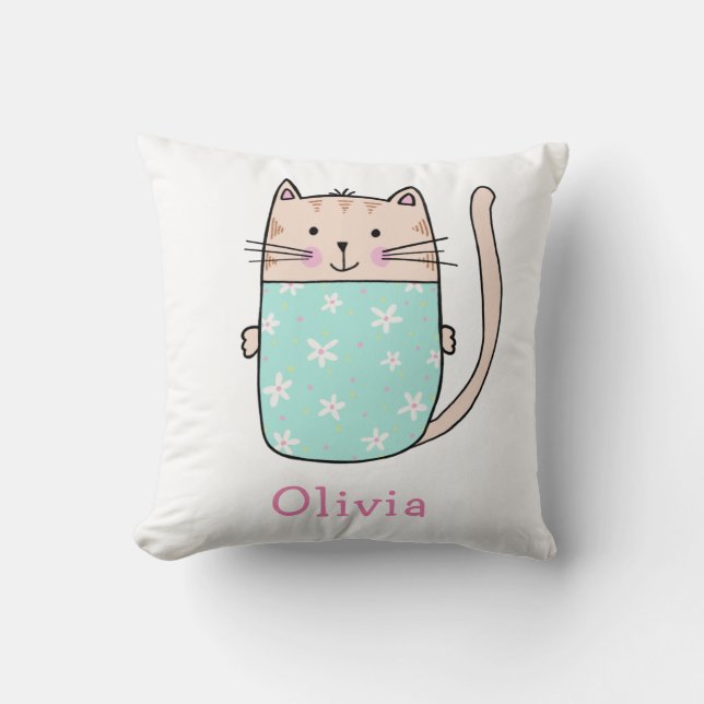 Cute Cat Personalized Custom Name Pattern Throw Pillow (Front)