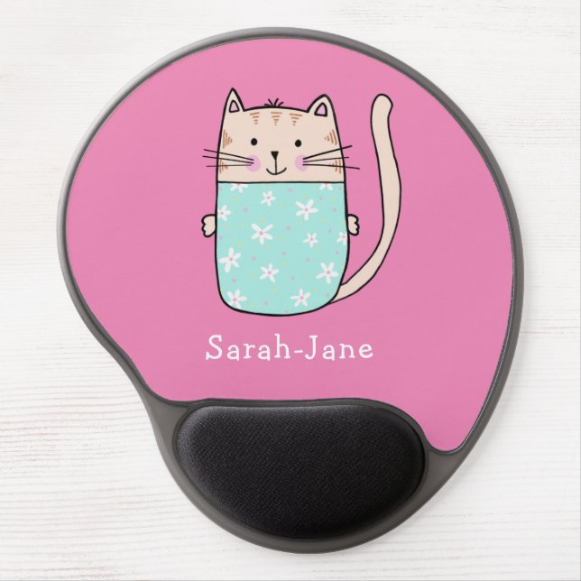 Cute Cat Personalized Custom Name Pink Gel Mouse Pad (Front)