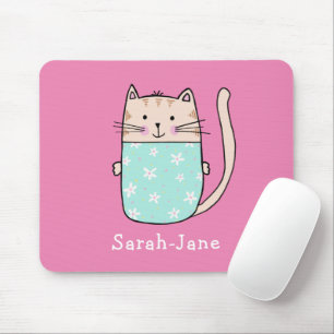 Cute Cat Personalized Custom Name Pink Mouse Pad