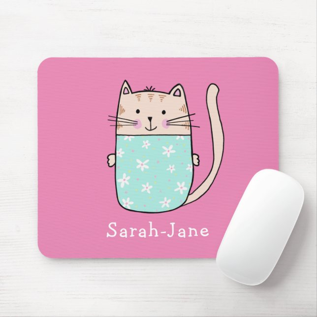 Cute Cat Personalized Custom Name Pink Mouse Pad (With Mouse)