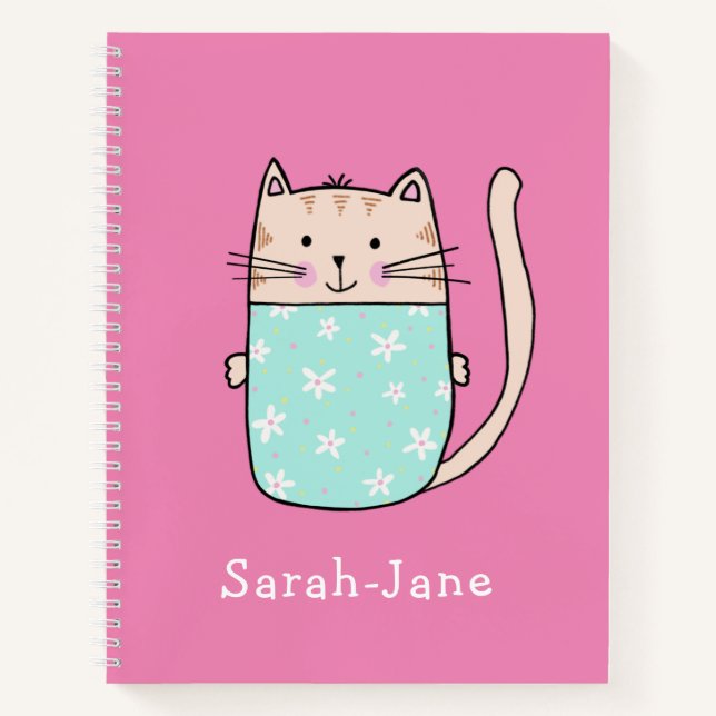 Cute Cat Personalized Custom Name Pink Notebook (Front)