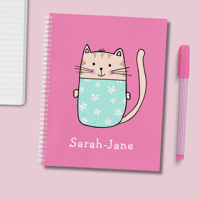 Cute Cat Personalized Custom Name Pink Notebook (Cute kitty cat personalised notebook)