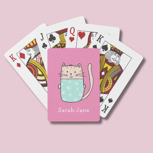 Cute Cat Personalized Custom Name Pink Poker Cards (Personalised playing cards with illustrated cat wearing a floral outfit on a pink background.)