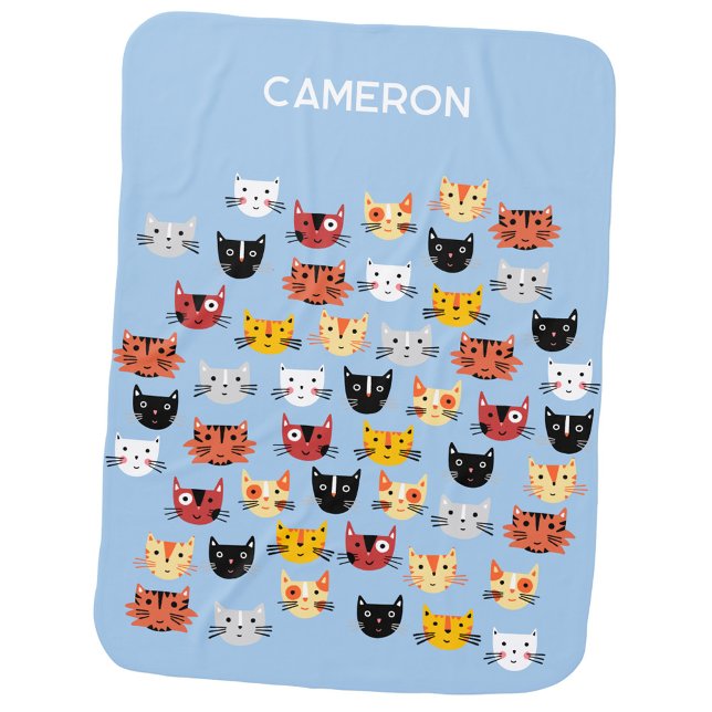 Cute Cat Personalized Name Baby Blanket (Fun cat pattern personalized name baby blanket)