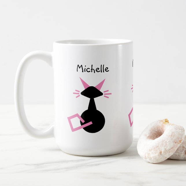 Cute Cat Personalized Name Pink Kitty Black Cat Coffee Mug (With Donut)