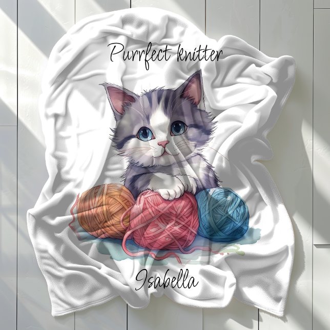 Cute Cat Personalized Purrfect Knitter Fleece Blanket (Creator Uploaded)