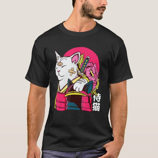 Cute Cat Pet Ninja Samurai Japanese Kanji Design T-Shirt (Front)