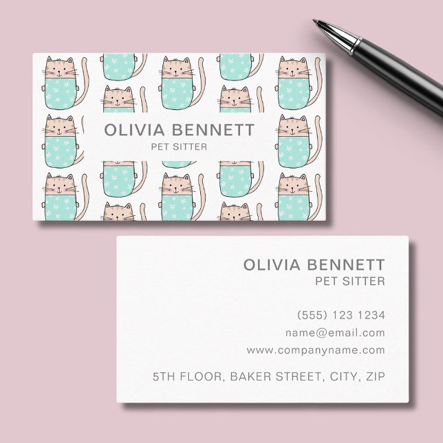 Cute Cat Pet Sitter Business Card (Cat themed pet sitter professional business card.  Easily edit online with your own details.)