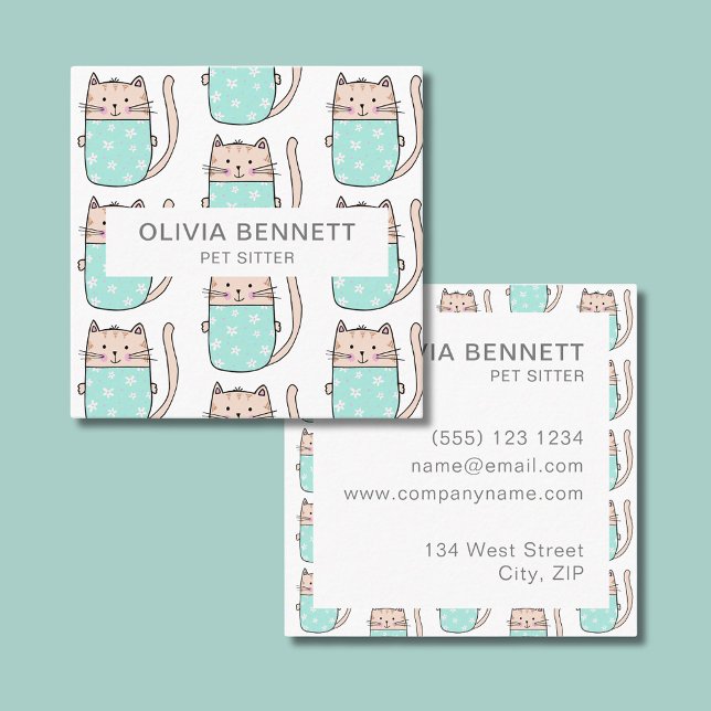 Cute Cat Pet Sitter Service Square Business Card (Cat illustrated business card perfect for pet sitter business.)