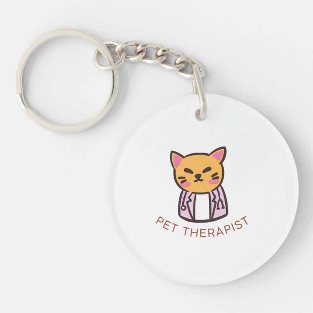 Cute Cat Pet Therapist Cartoon Design Keychain (Front)